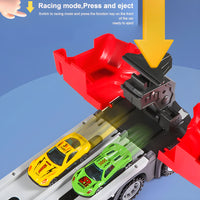 Mega Hauler Truck with Ejection Race Track – Convertible Transport Truck Toy with Cars, Launcher & Racing Track for Kids
