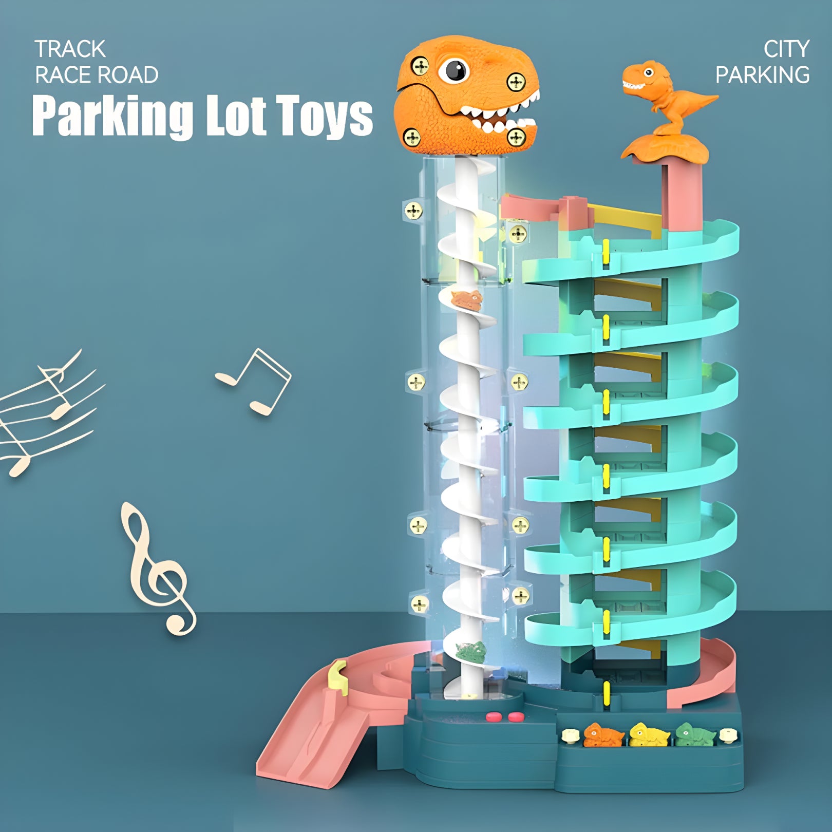 Dinosaur Parking Lot Toy Set – 7-Level Spiral Track with 7 Cars & Lights