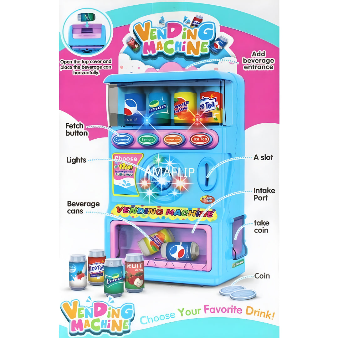 Interactive Vending Machine Toy for Kids – Lights, Sounds & Play Coins | Pretend Drink Dispenser with Beverage Cans