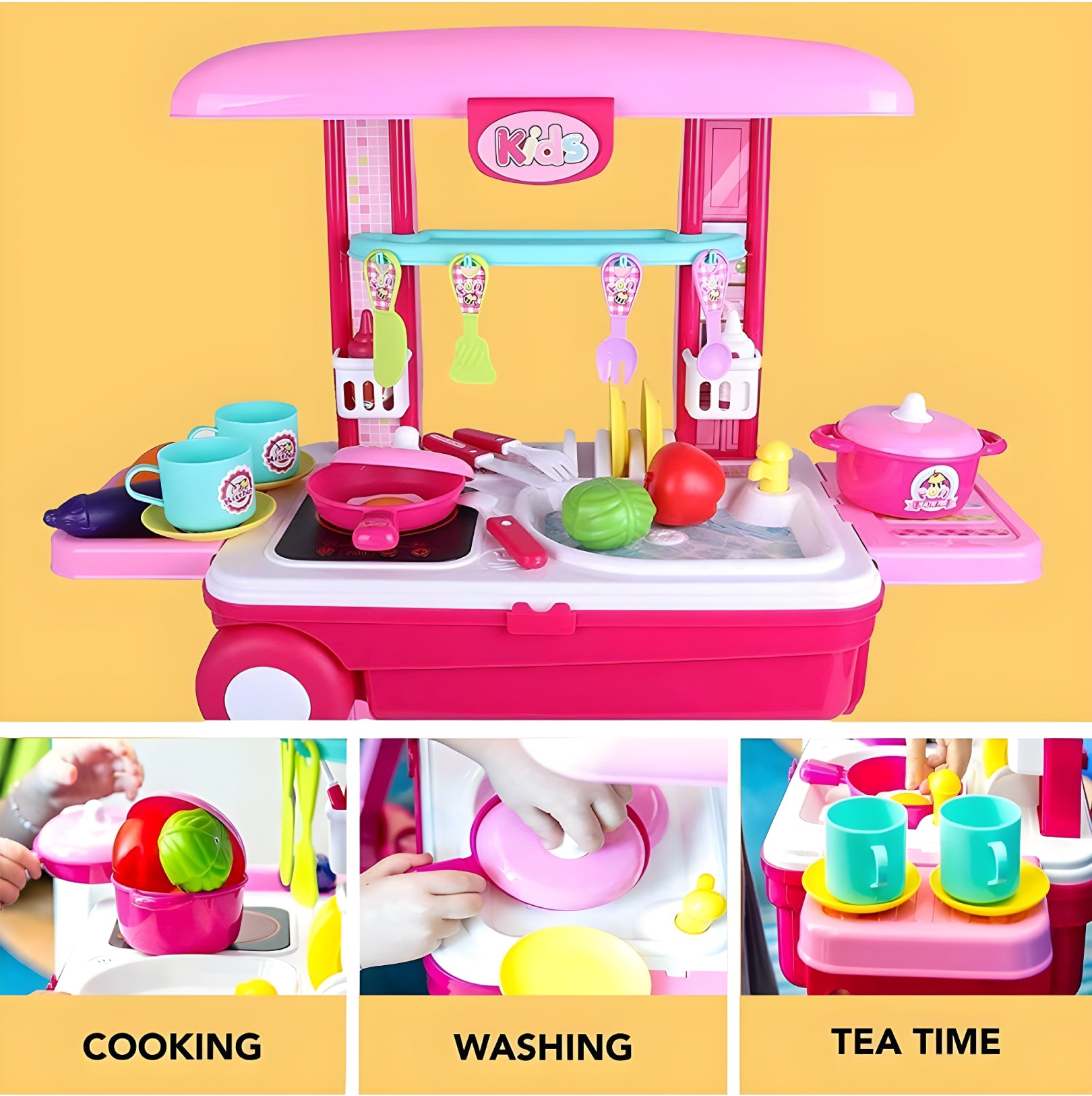 Portable Kitchen Suitcase Play Set for Girls – Colorful Pretend Cooking Toy with Wheels, Light & Sound | Ages 3+