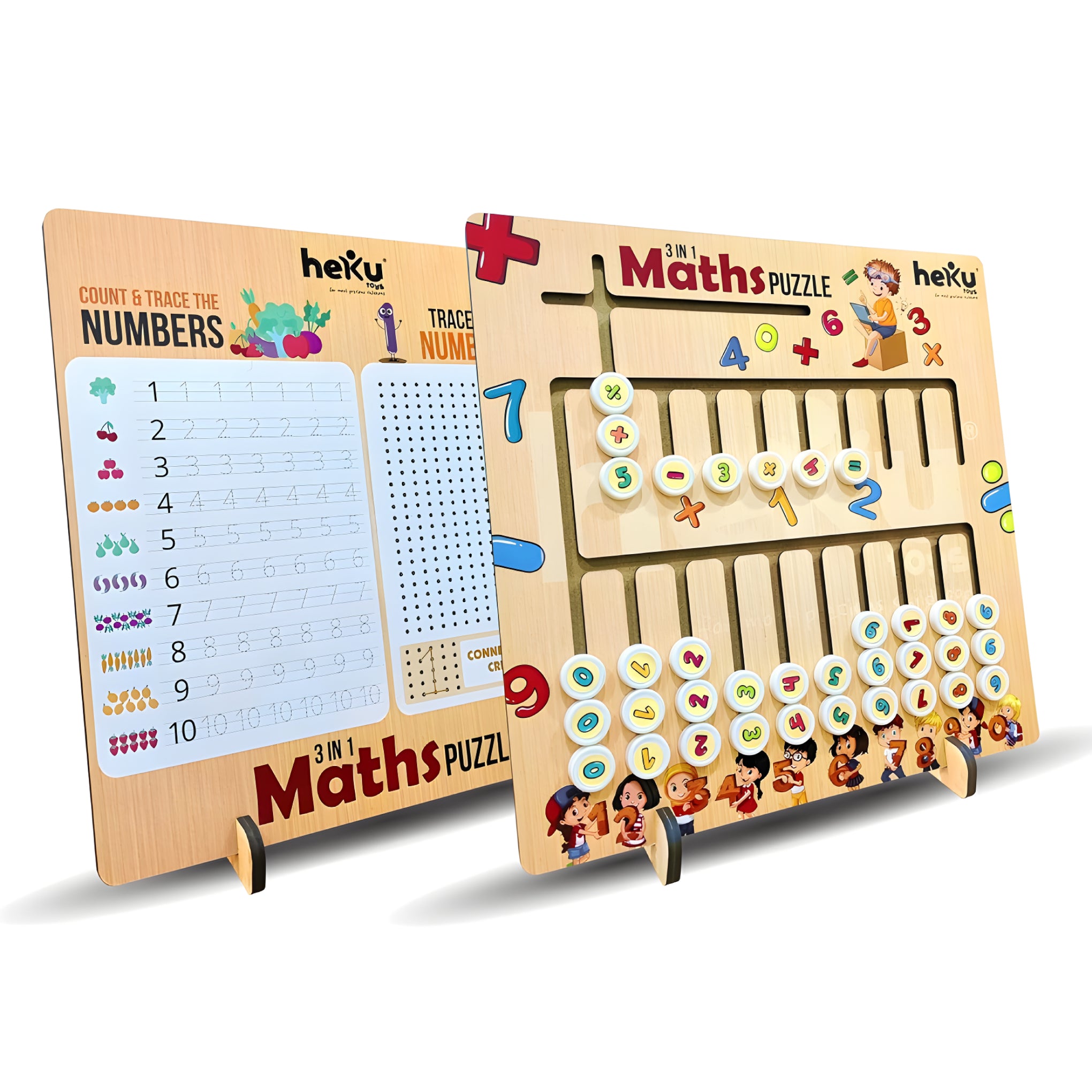 3-in-1 Wooden Maths Puzzle Board for Kids – Educational Learning Toy with Numbers, Symbols & Counting Discs – Montessori Style STEM Activity Game for Early Math Skills