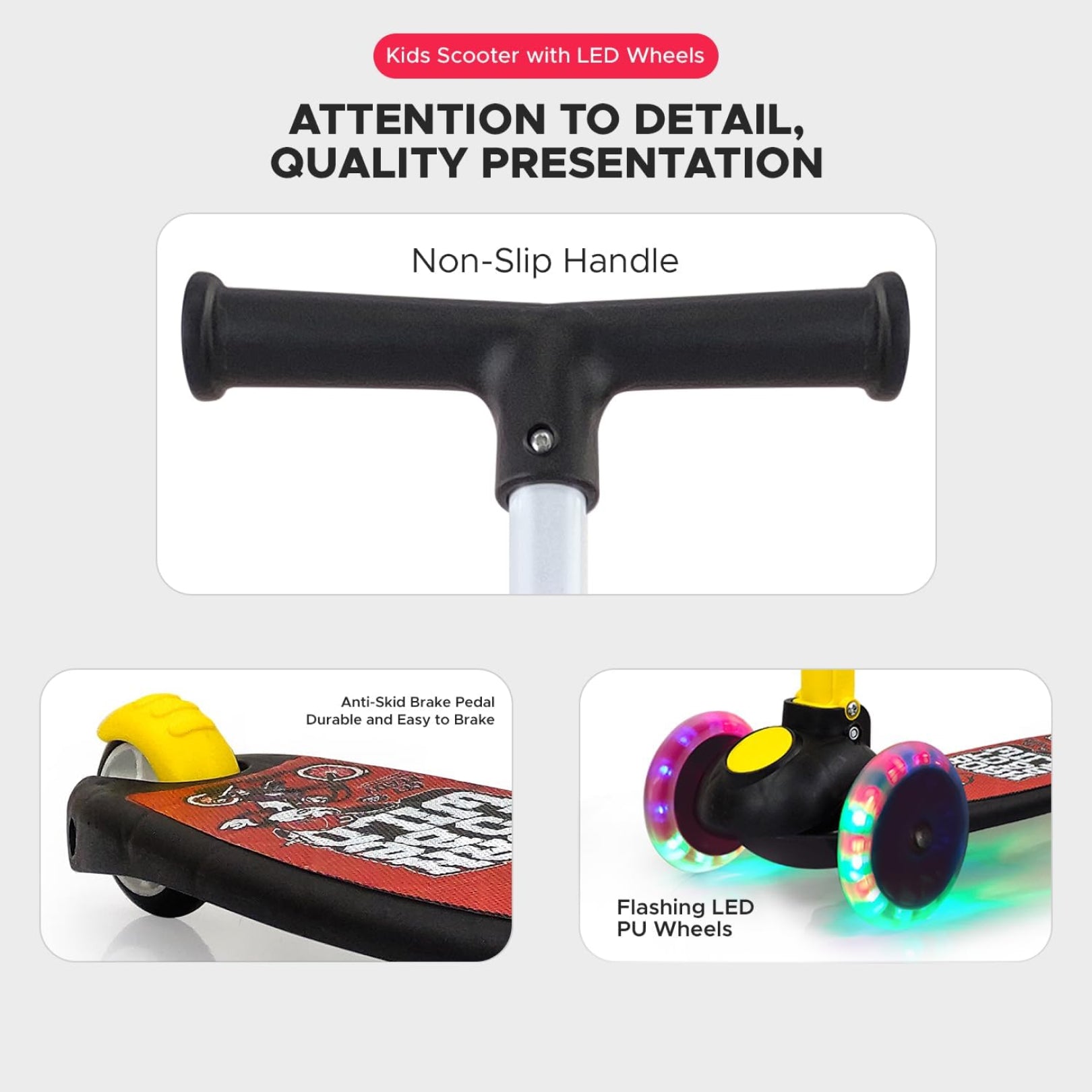 Super Scooter for Kids – 3-Wheel Foldable Kick Scooter with Height-Adjustable Handlebar, Extra-Wide LED PU Wheels & Rear Brake | Smart Ride-On Skate Scooter for Boys & Girls Ages 3–8