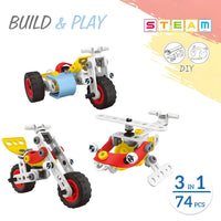 3-in-1 DIY STEAM Building Toy Set – 74-Piece Motorbike & Helicopter Construction Kit for Kids (Flexible Parts, Ages 5+)
