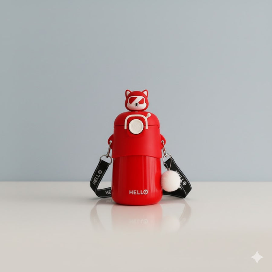 Stainless Steel Kawaii Bear Insulated Sipper for Kids | with Silicone Straw & Strap | Dual Sipper | 500ml