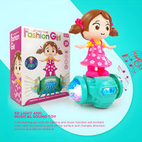 Fashion Girl Musical Dancing Doll Toy – 5D Lights, 360° Rotation, Music &amp; Bump-and-Go Action
