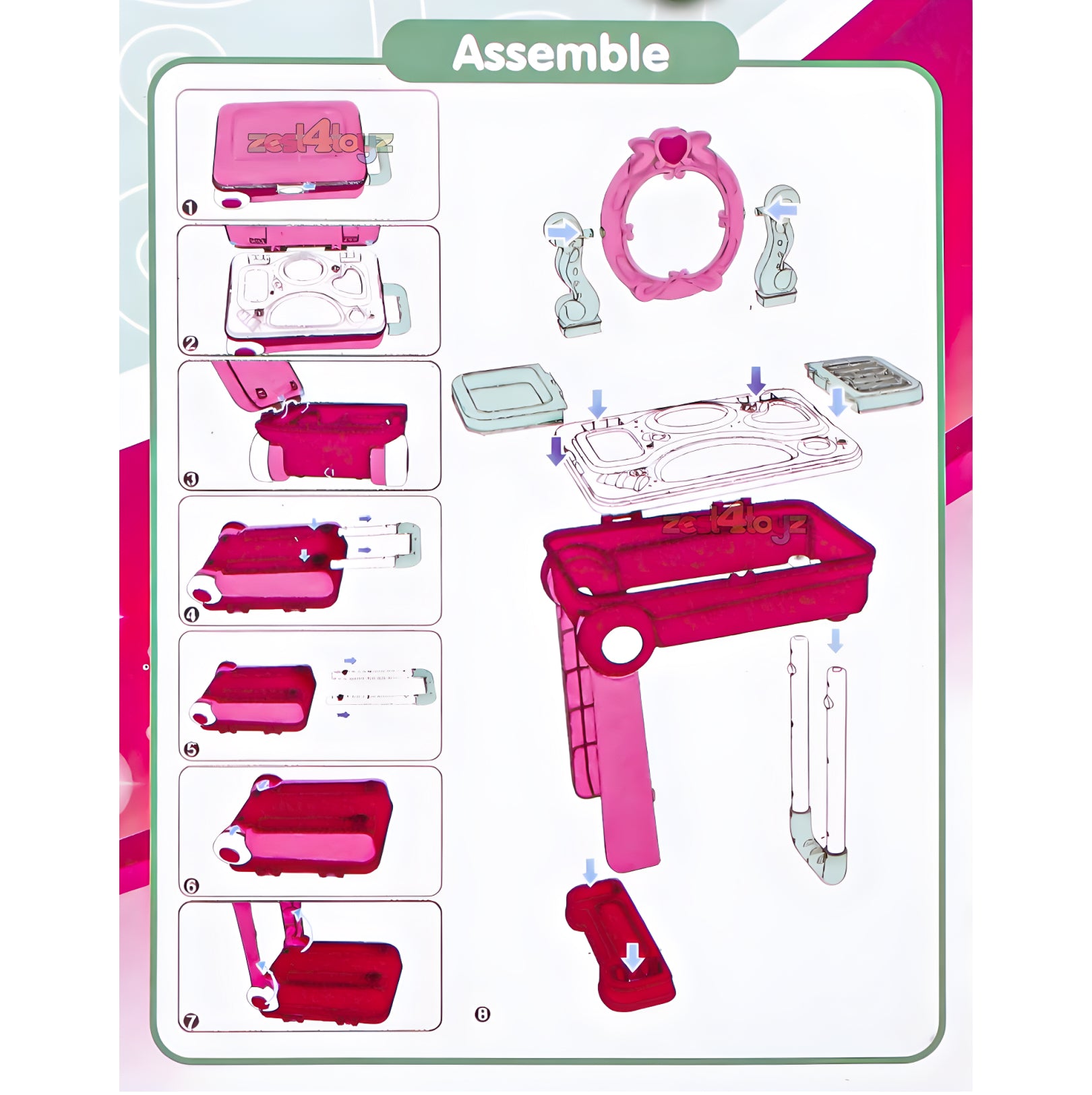 Beauty Makeup Kit for Girls – 2-in-1 Portable Vanity Trolley with 21 Accessories (Pink)