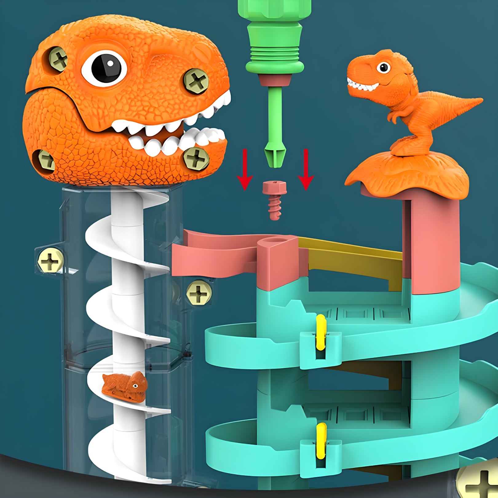 Dinosaur Parking Lot Toy Set – 7-Level Spiral Track with 7 Cars & Lights