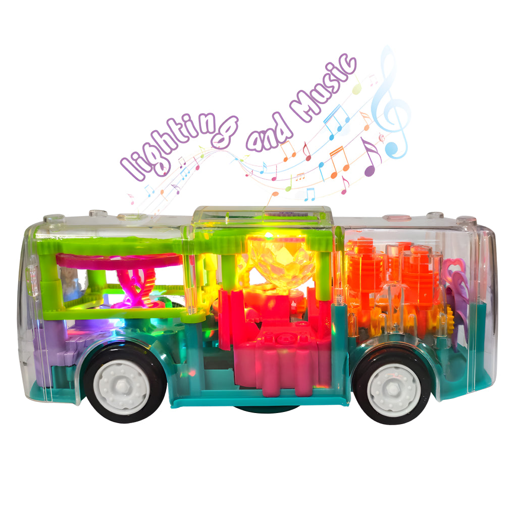 Musical Bus Transparent Concept 3D Light Bus Toy with 360 Degree Rotation, Bump & Go Gear Transparent Bus Toy with Light & Sound Effects Toys for Kids, Boys & Girls