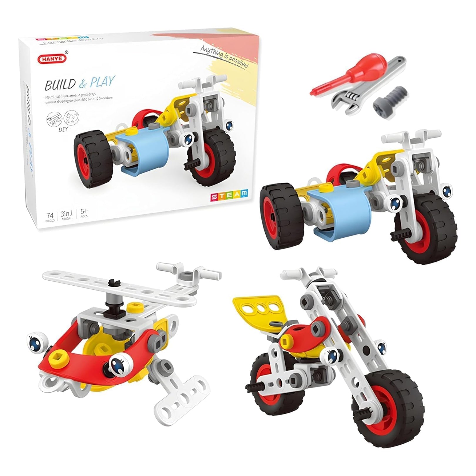 3-in-1 DIY STEAM Building Toy Set – 74-Piece Motorbike & Helicopter Construction Kit for Kids (Flexible Parts, Ages 5+)