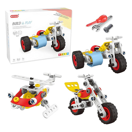 3-in-1 DIY STEAM Building Toy Set – 74-Piece Motorbike & Helicopter Construction Kit for Kids (Flexible Parts, Ages 5+)