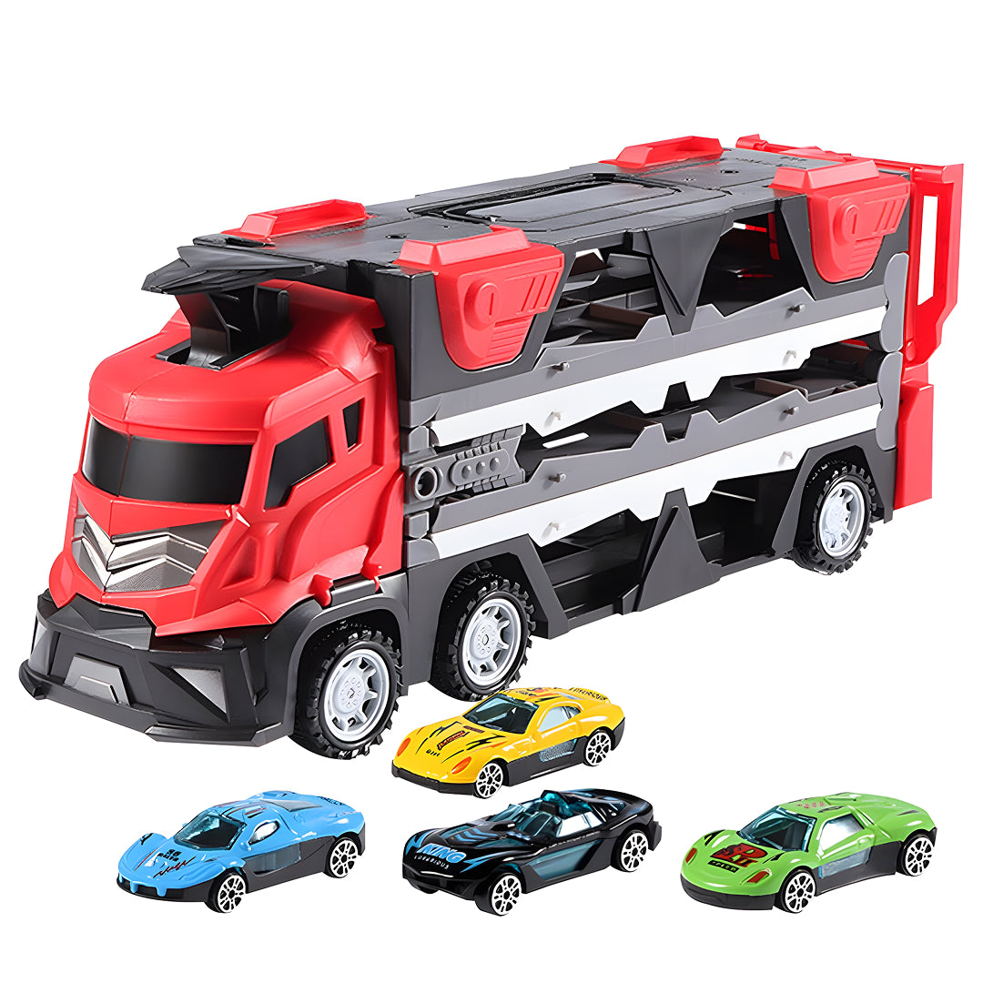 Mega Hauler Truck with Ejection Race Track – Convertible Transport Truck Toy with Cars, Launcher & Racing Track for Kids