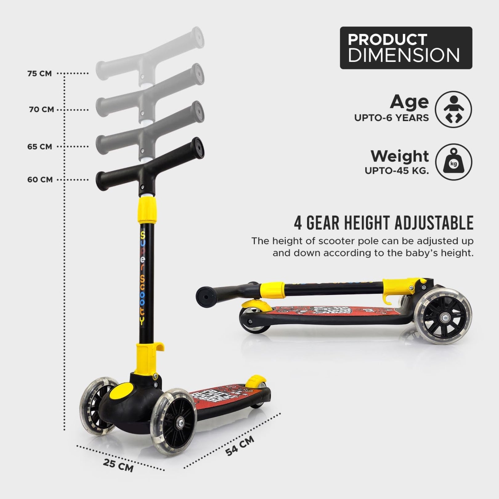 Super Scooter for Kids – 3-Wheel Foldable Kick Scooter with Height-Adjustable Handlebar, Extra-Wide LED PU Wheels & Rear Brake | Smart Ride-On Skate Scooter for Boys & Girls Ages 3–8