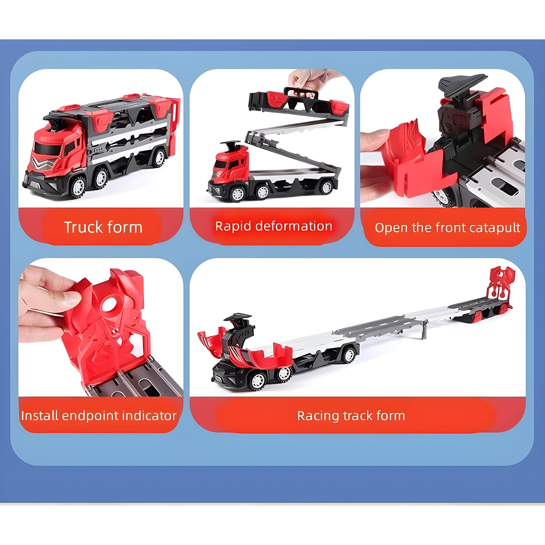 Mega Hauler Truck with Ejection Race Track – Convertible Transport Truck Toy with Cars, Launcher & Racing Track for Kids