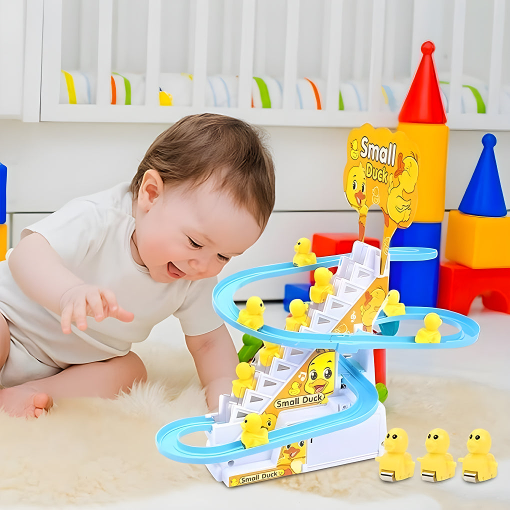 Duck Track Racing Toys for Kids | Little Lovely Duck Slide Climbing Toys for Kids, Small Ducks Stair Escalator Toy with Lights and Music - 3 Duck Included