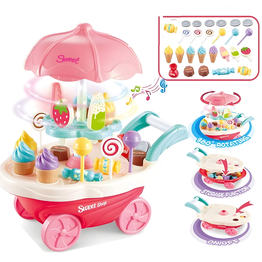 Sweet Cart Ice Cream Trolley Toy for Kids – 39 Accessories with Lights & Sound | Pretend Play Dessert Market Set