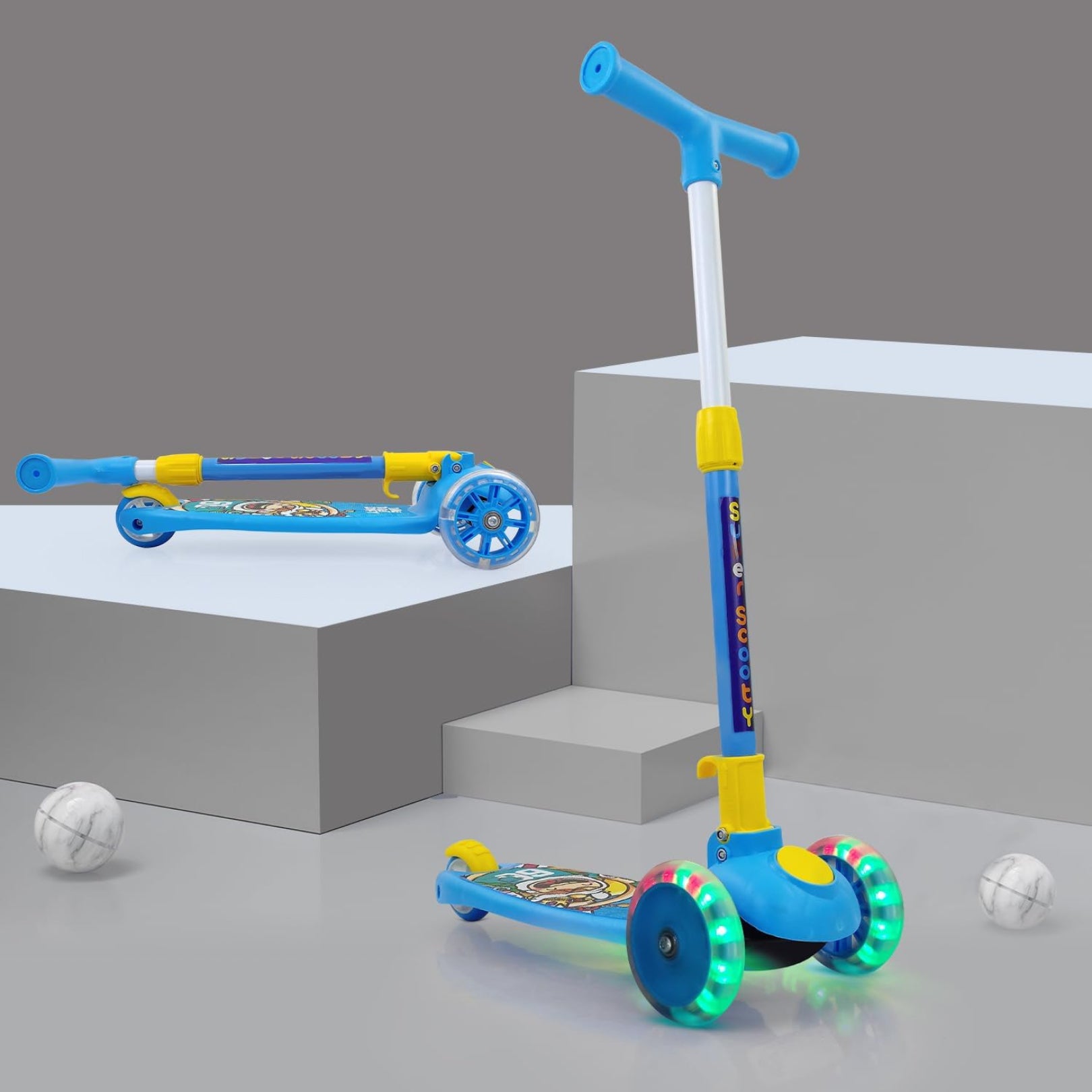 Super Scooter for Kids – 3-Wheel Foldable Kick Scooter with Height-Adjustable Handlebar, Extra-Wide LED PU Wheels & Rear Brake | Smart Ride-On Skate Scooter for Boys & Girls Ages 3–8