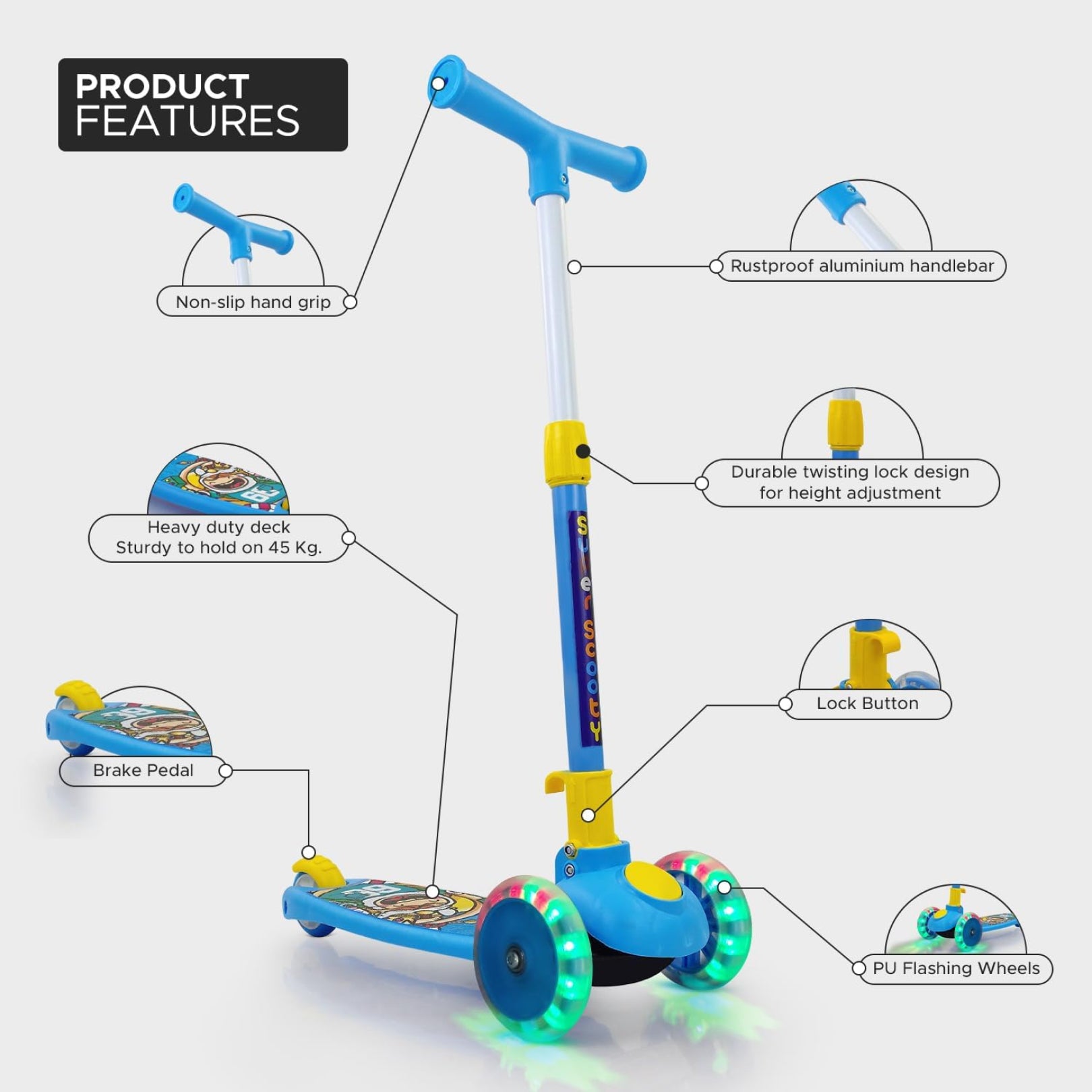 Super Scooter for Kids – 3-Wheel Foldable Kick Scooter with Height-Adjustable Handlebar, Extra-Wide LED PU Wheels & Rear Brake | Smart Ride-On Skate Scooter for Boys & Girls Ages 3–8