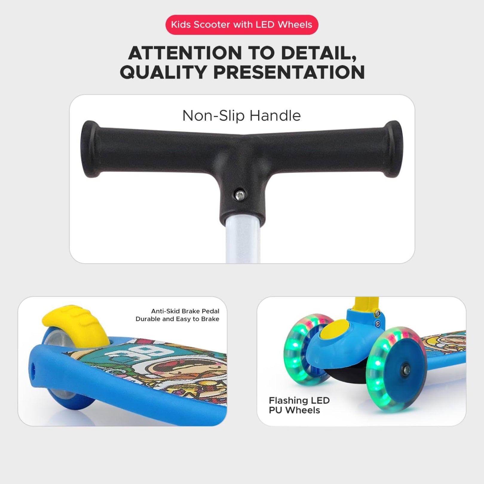 Super Scooter for Kids – 3-Wheel Foldable Kick Scooter with Height-Adjustable Handlebar, Extra-Wide LED PU Wheels & Rear Brake | Smart Ride-On Skate Scooter for Boys & Girls Ages 3–8