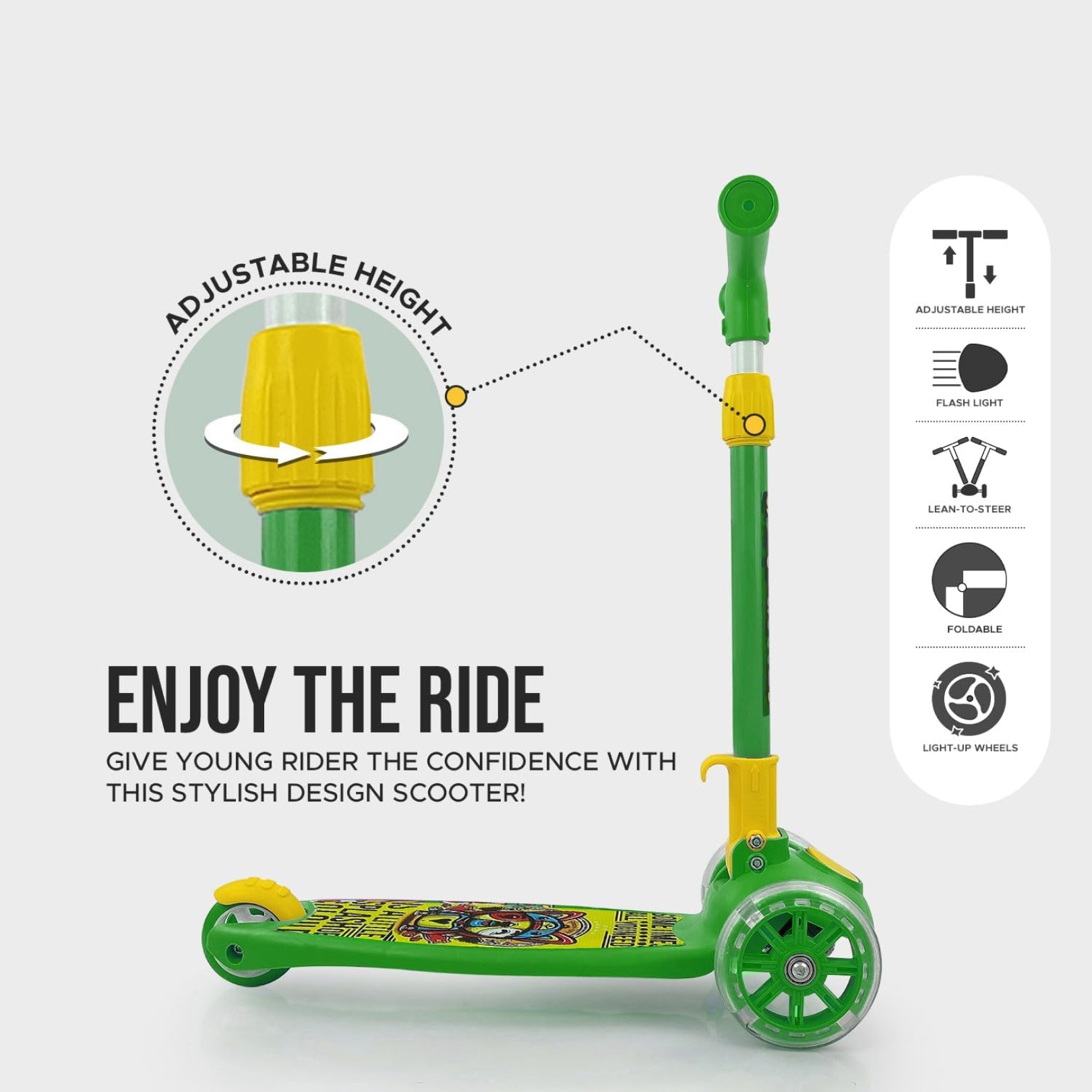 Super Scooter for Kids – 3-Wheel Foldable Kick Scooter with Height-Adjustable Handlebar, Extra-Wide LED PU Wheels & Rear Brake | Smart Ride-On Skate Scooter for Boys & Girls Ages 3–8