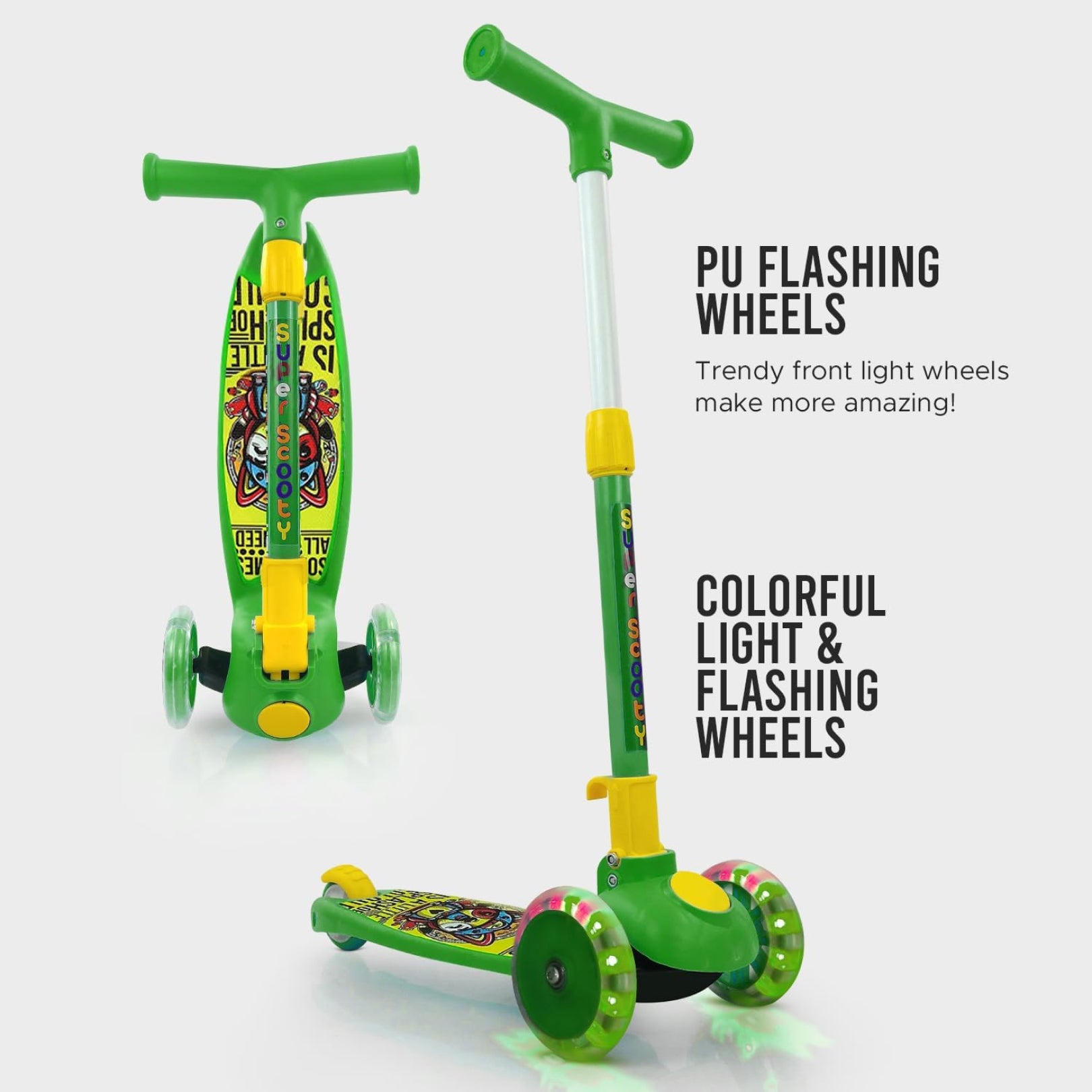 Super Scooter for Kids – 3-Wheel Foldable Kick Scooter with Height-Adjustable Handlebar, Extra-Wide LED PU Wheels & Rear Brake | Smart Ride-On Skate Scooter for Boys & Girls Ages 3–8