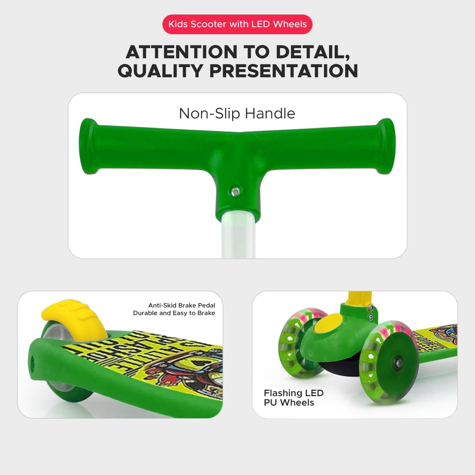 Super Scooter for Kids – 3-Wheel Foldable Kick Scooter with Height-Adjustable Handlebar, Extra-Wide LED PU Wheels & Rear Brake | Smart Ride-On Skate Scooter for Boys & Girls Ages 3–8