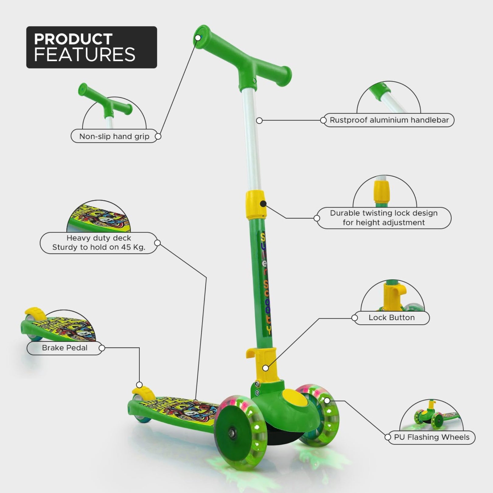 Super Scooter for Kids – 3-Wheel Foldable Kick Scooter with Height-Adjustable Handlebar, Extra-Wide LED PU Wheels & Rear Brake | Smart Ride-On Skate Scooter for Boys & Girls Ages 3–8