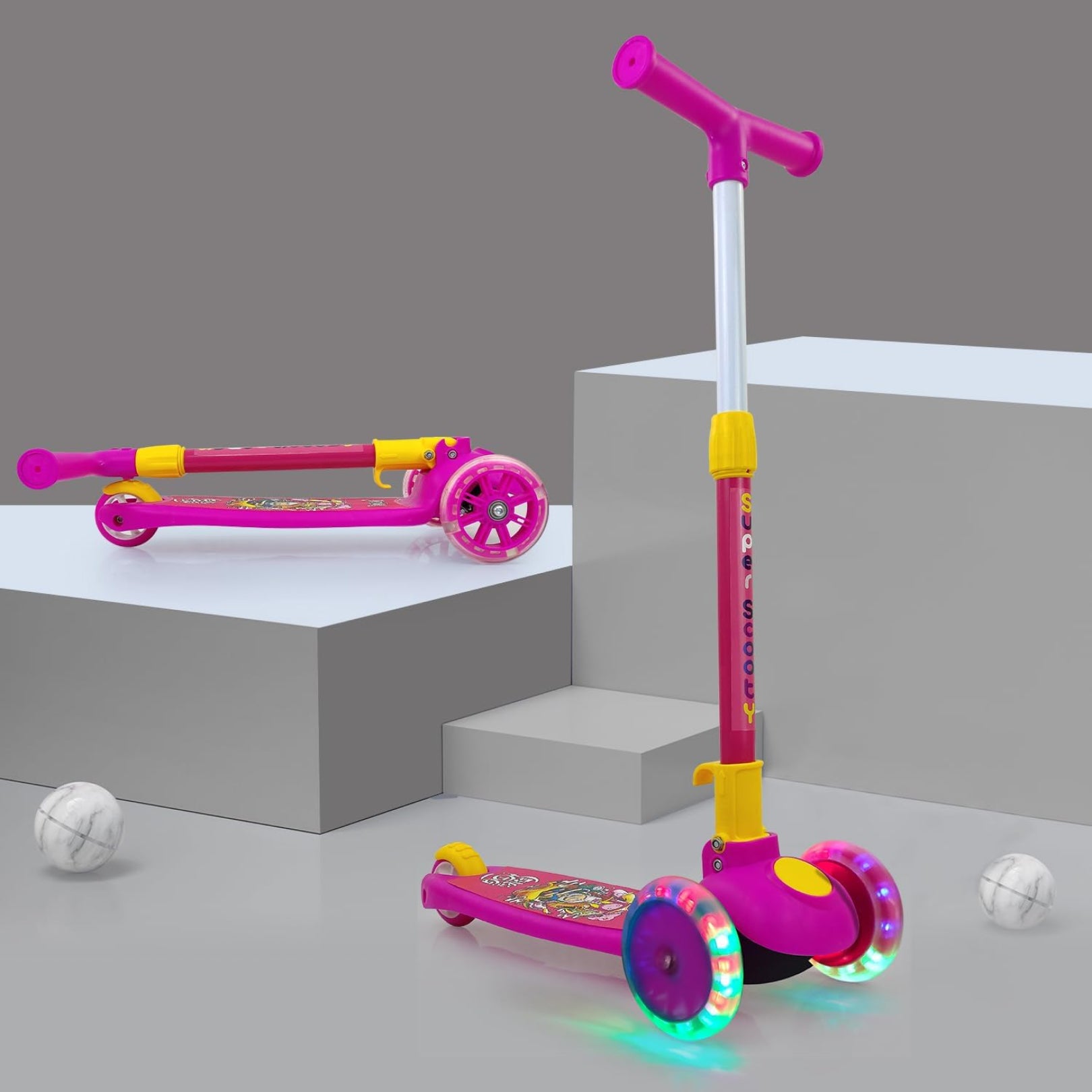 Super Scooter for Kids – 3-Wheel Foldable Kick Scooter with Height-Adjustable Handlebar, Extra-Wide LED PU Wheels & Rear Brake | Smart Ride-On Skate Scooter for Boys & Girls Ages 3–8