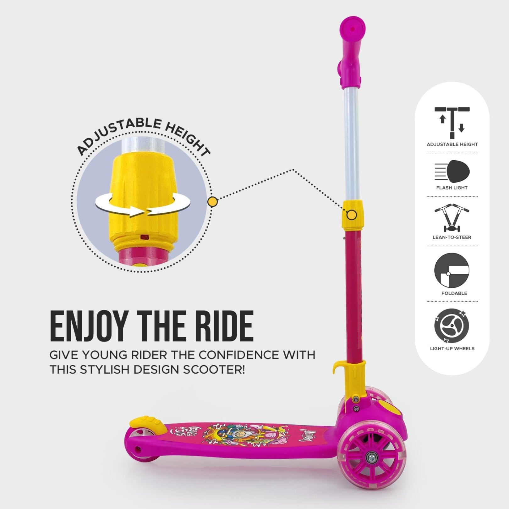 Super Scooter for Kids – 3-Wheel Foldable Kick Scooter with Height-Adjustable Handlebar, Extra-Wide LED PU Wheels & Rear Brake | Smart Ride-On Skate Scooter for Boys & Girls Ages 3–8