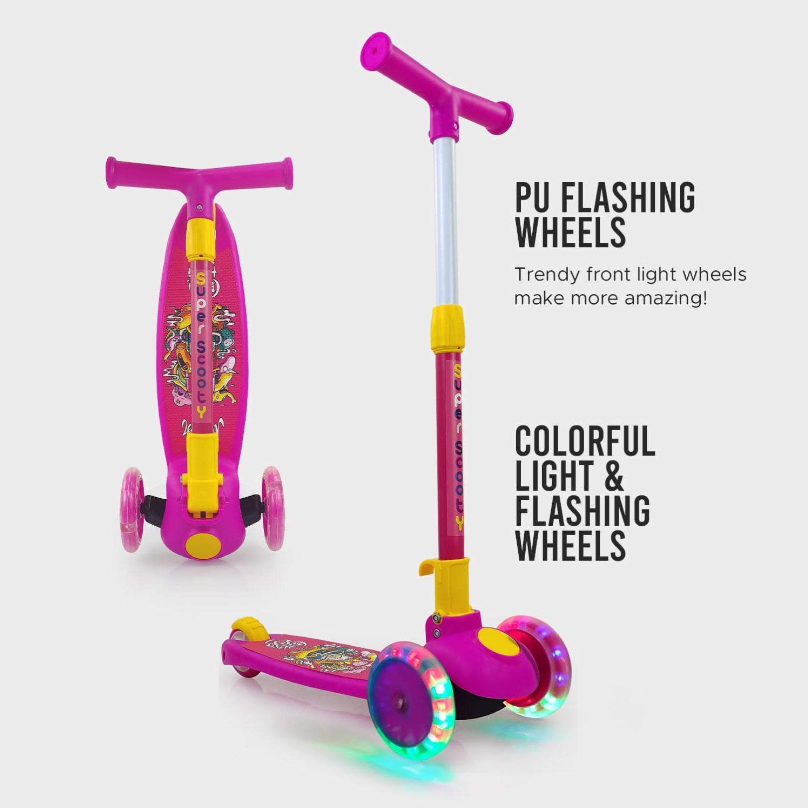 Super Scooter for Kids – 3-Wheel Foldable Kick Scooter with Height-Adjustable Handlebar, Extra-Wide LED PU Wheels & Rear Brake | Smart Ride-On Skate Scooter for Boys & Girls Ages 3–8