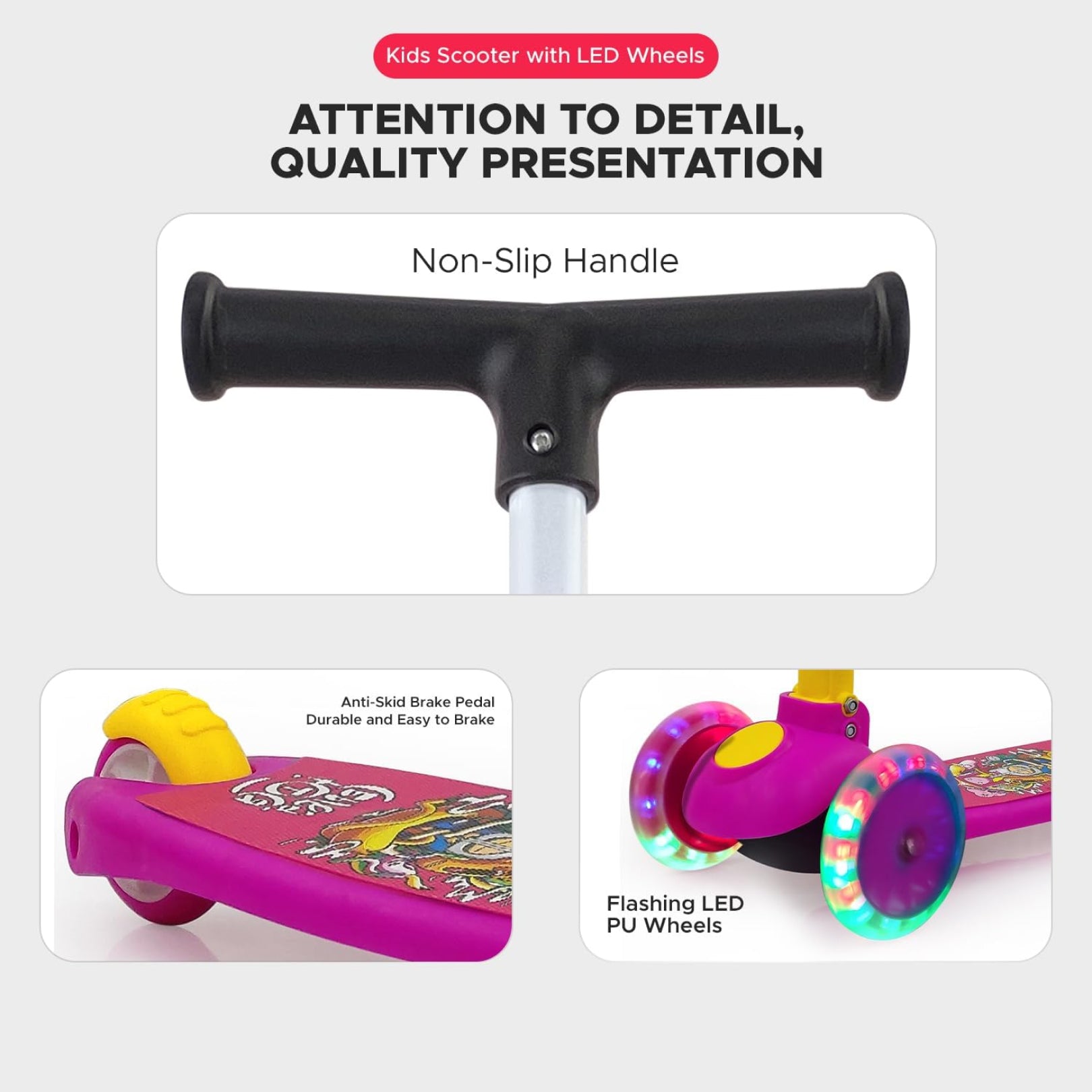 Super Scooter for Kids – 3-Wheel Foldable Kick Scooter with Height-Adjustable Handlebar, Extra-Wide LED PU Wheels & Rear Brake | Smart Ride-On Skate Scooter for Boys & Girls Ages 3–8