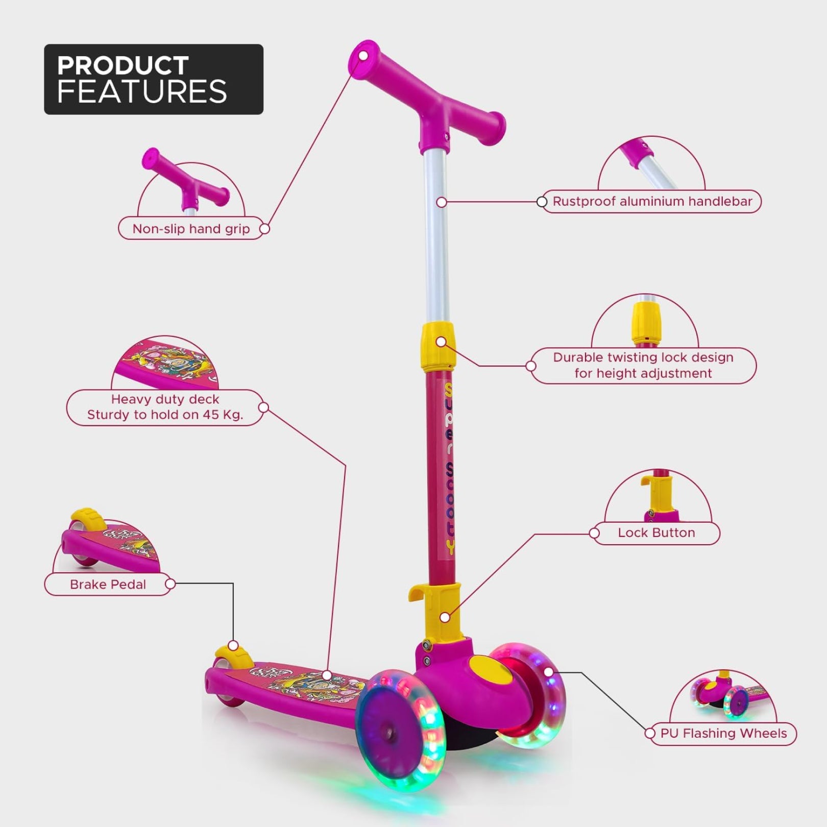 Super Scooter for Kids – 3-Wheel Foldable Kick Scooter with Height-Adjustable Handlebar, Extra-Wide LED PU Wheels & Rear Brake | Smart Ride-On Skate Scooter for Boys & Girls Ages 3–8