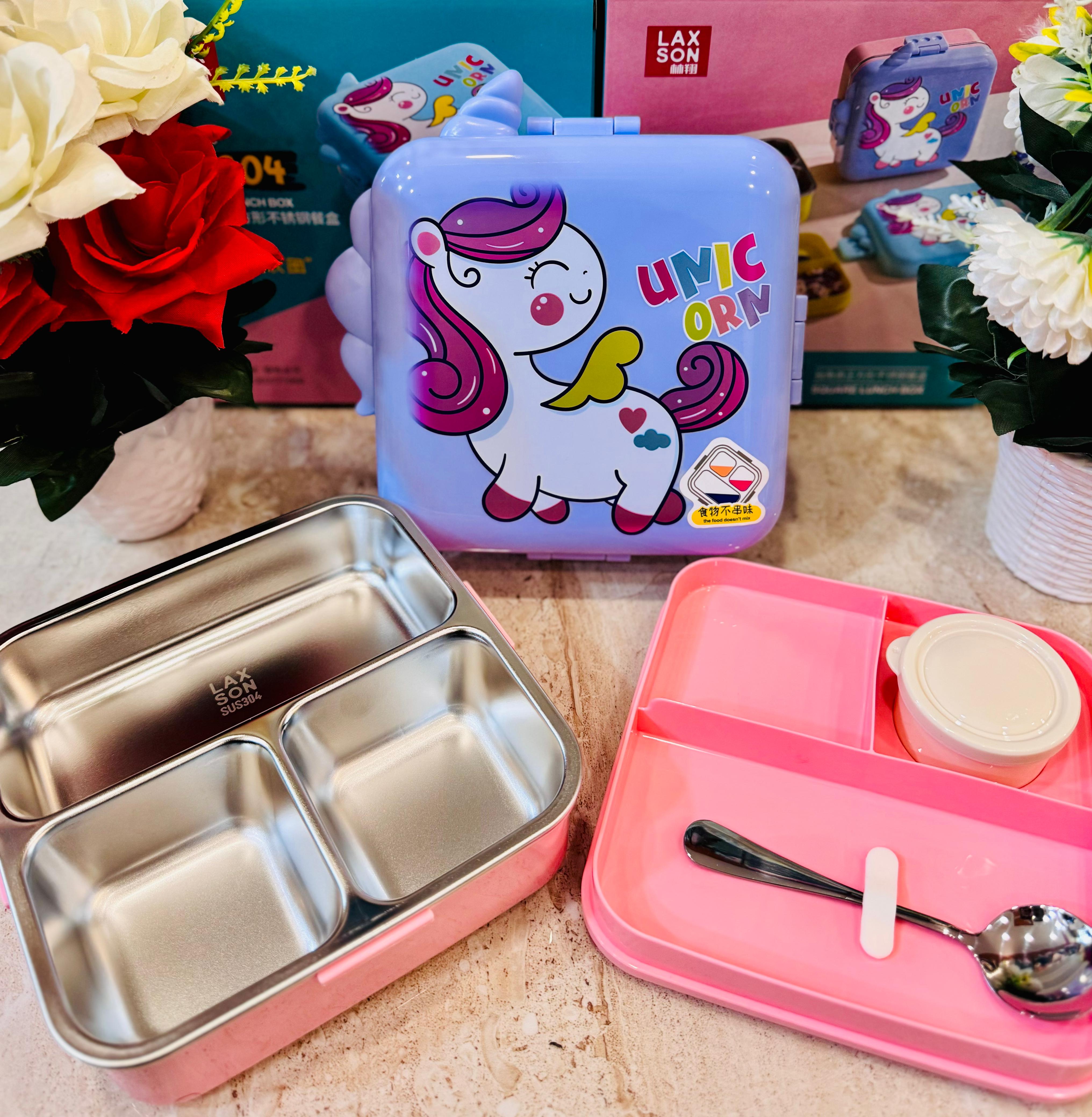 Unicorn Insulated Steel Lunch Box - 3 Grids, 1120ml + 70ml with Steel Spoon & Small Container