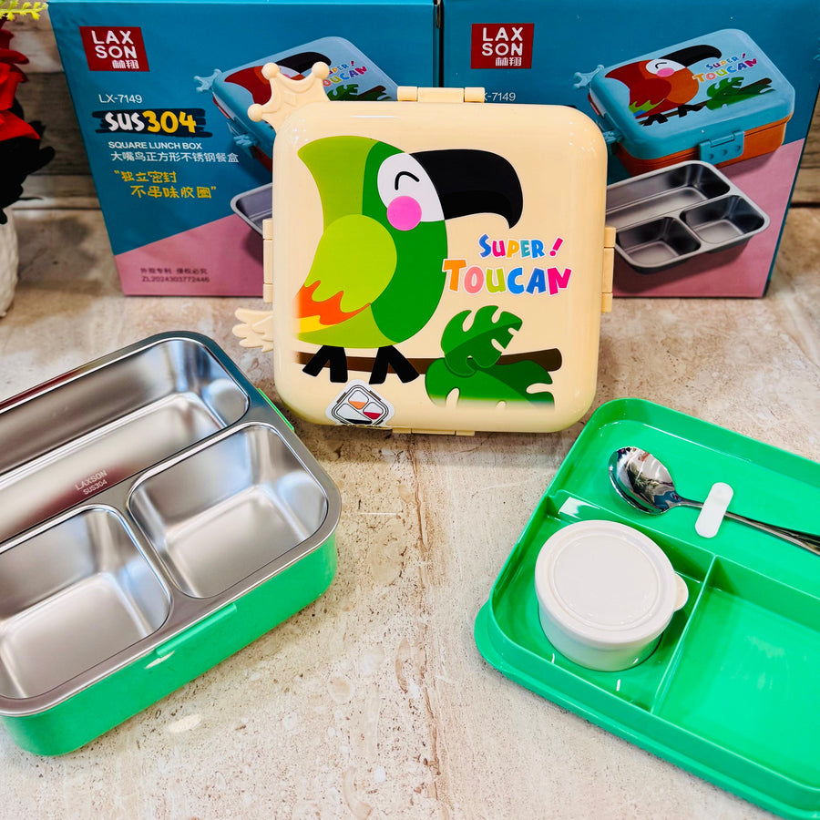 Toucan Insulated Steel Lunch Box - 3 Grids, 1120ml + 70ml with Steel Spoon & Small Container