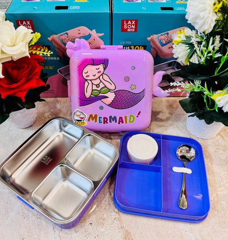 Mermaid Insulated Steel Lunch Box - 3 Grids, 1120ml + 70ml with Steel Spoon & Small Container
